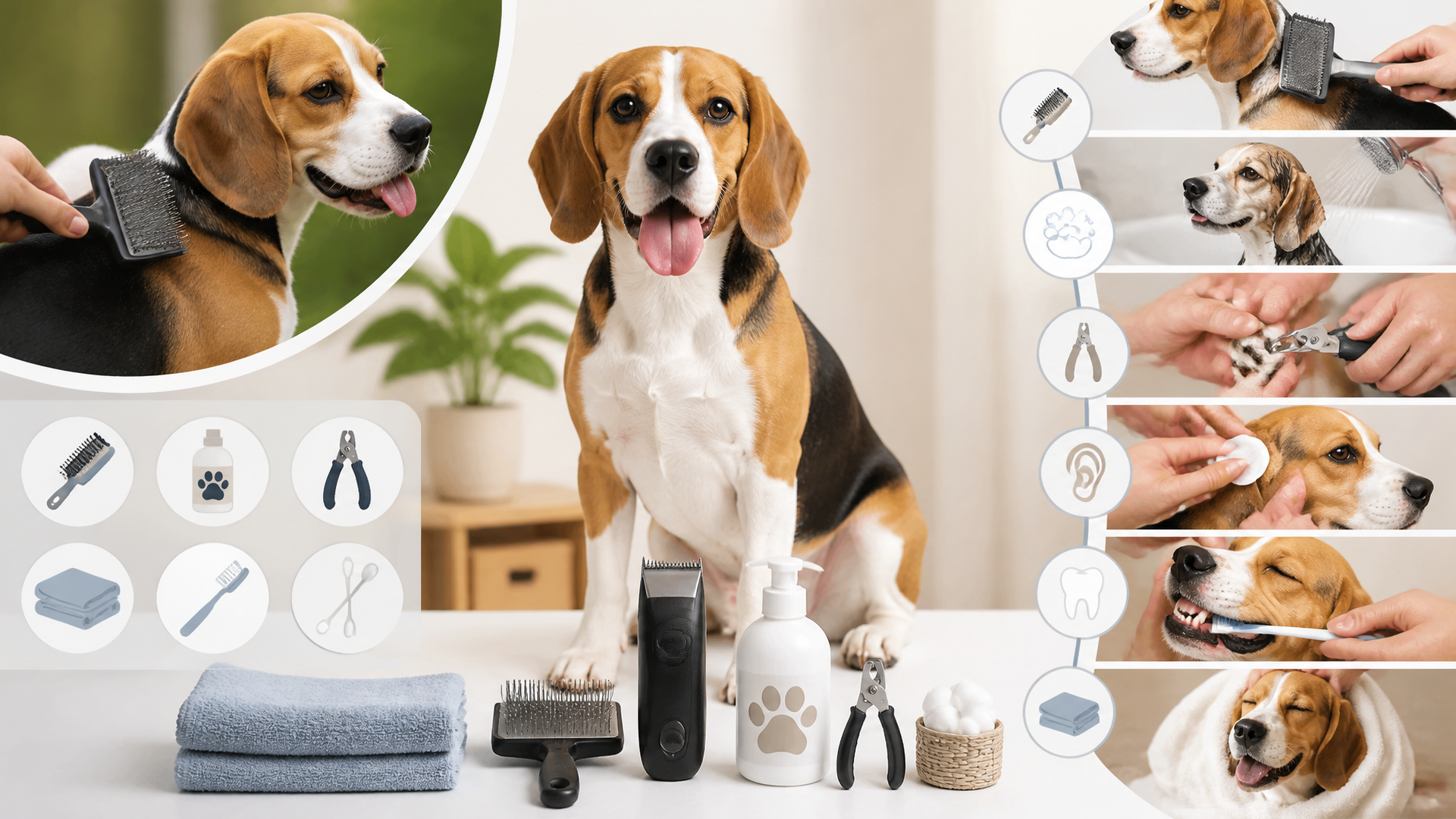 A Beagle sitting on a grooming table with a brush and towel nearby, ready for a grooming session.