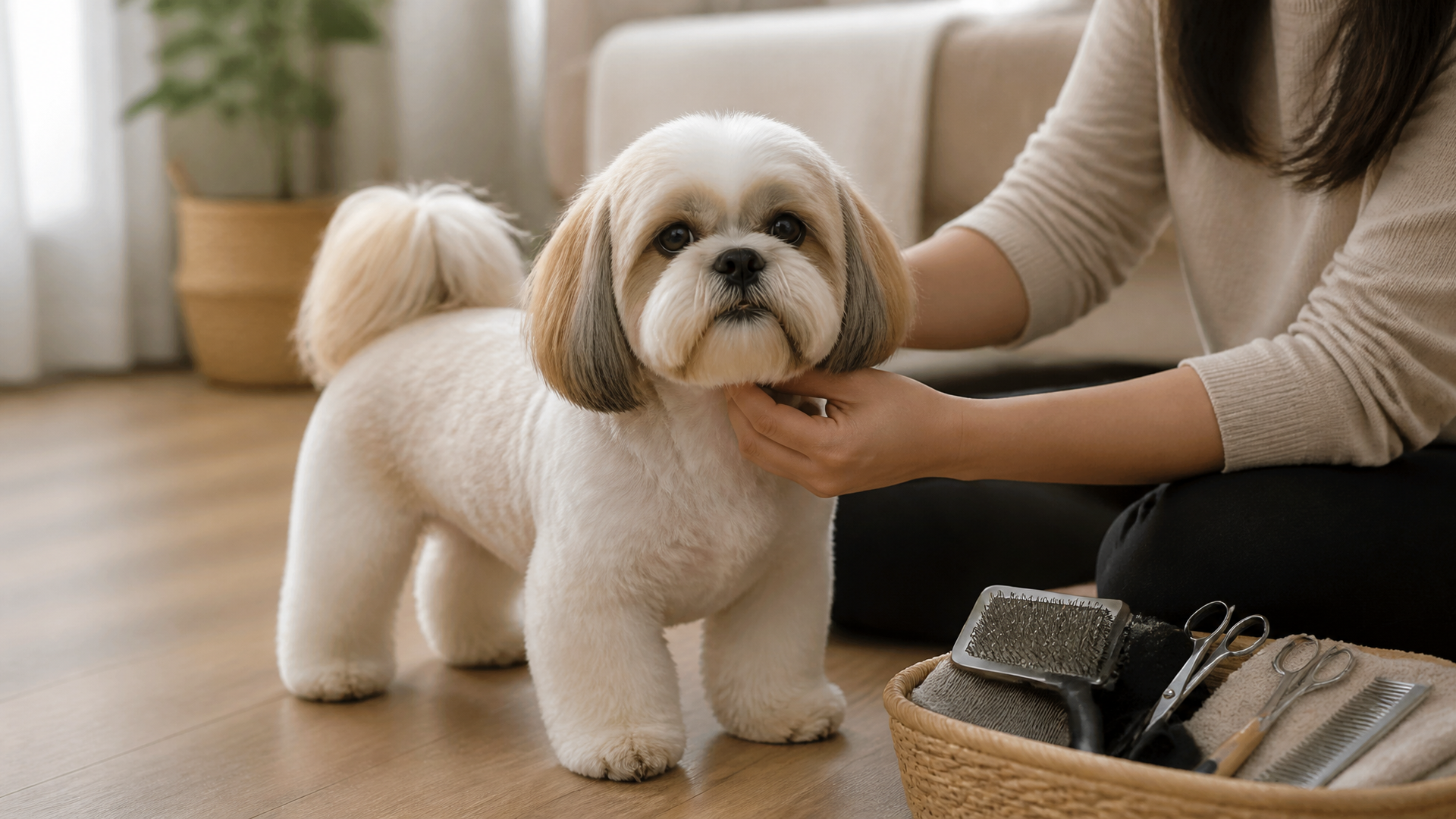 A Lhasa Apso with a short, rounded puppy cut coat, showing a fluffy face and slightly longer tail.