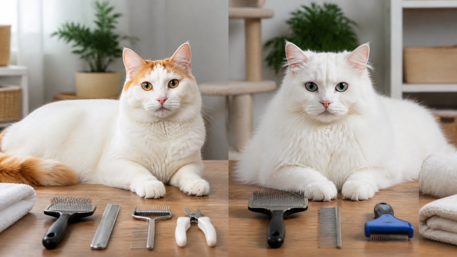 A white Turkish Van cat with auburn patches on its head and tail being gently brushed on a soft blanket