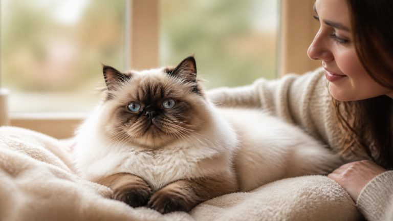 A Himalayan cat with blue eyes and seal point coloring lounging on a soft blanket, showing its dark ears, face, paws, and...