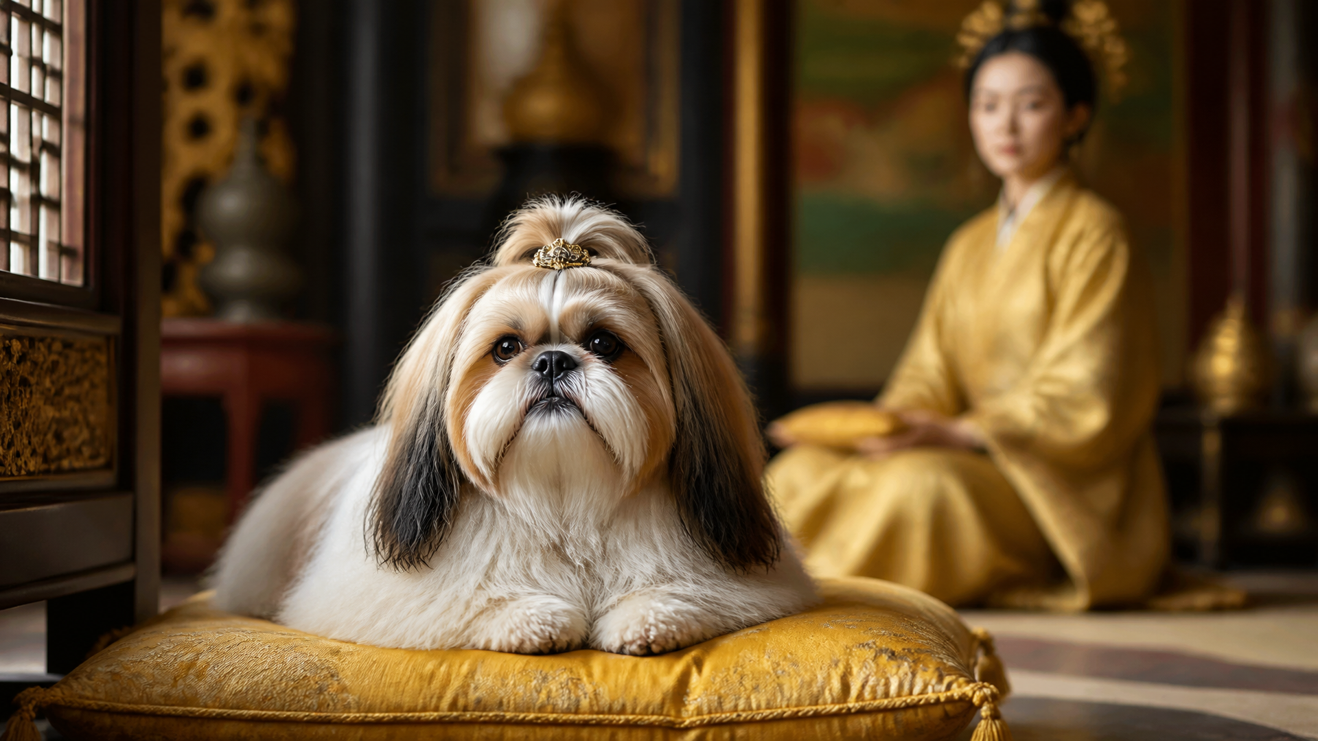 Shih Tzu with a regal expression, wearing a red and gold embroidered collar, standing in a sunlit garden