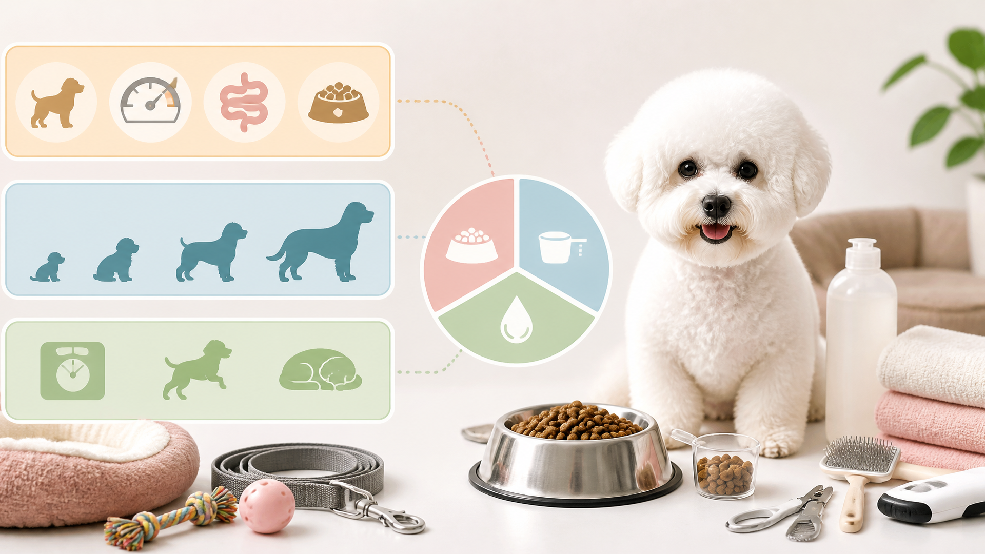 A white Bichon Frise sitting beside a stainless steel bowl filled with kibble, with a measuring cup nearby on a kitchen fl...
