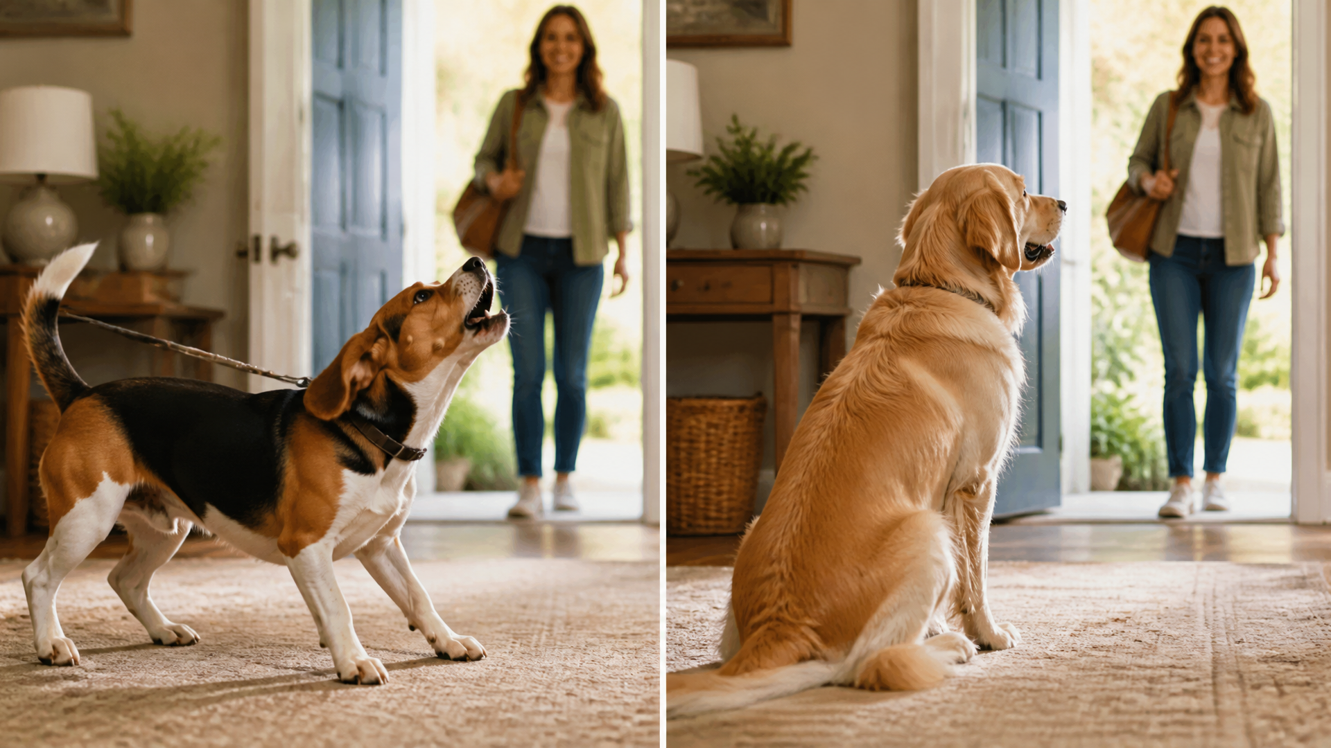 Beagle jumping excitedly at front door as visitor enters, leash held by owner