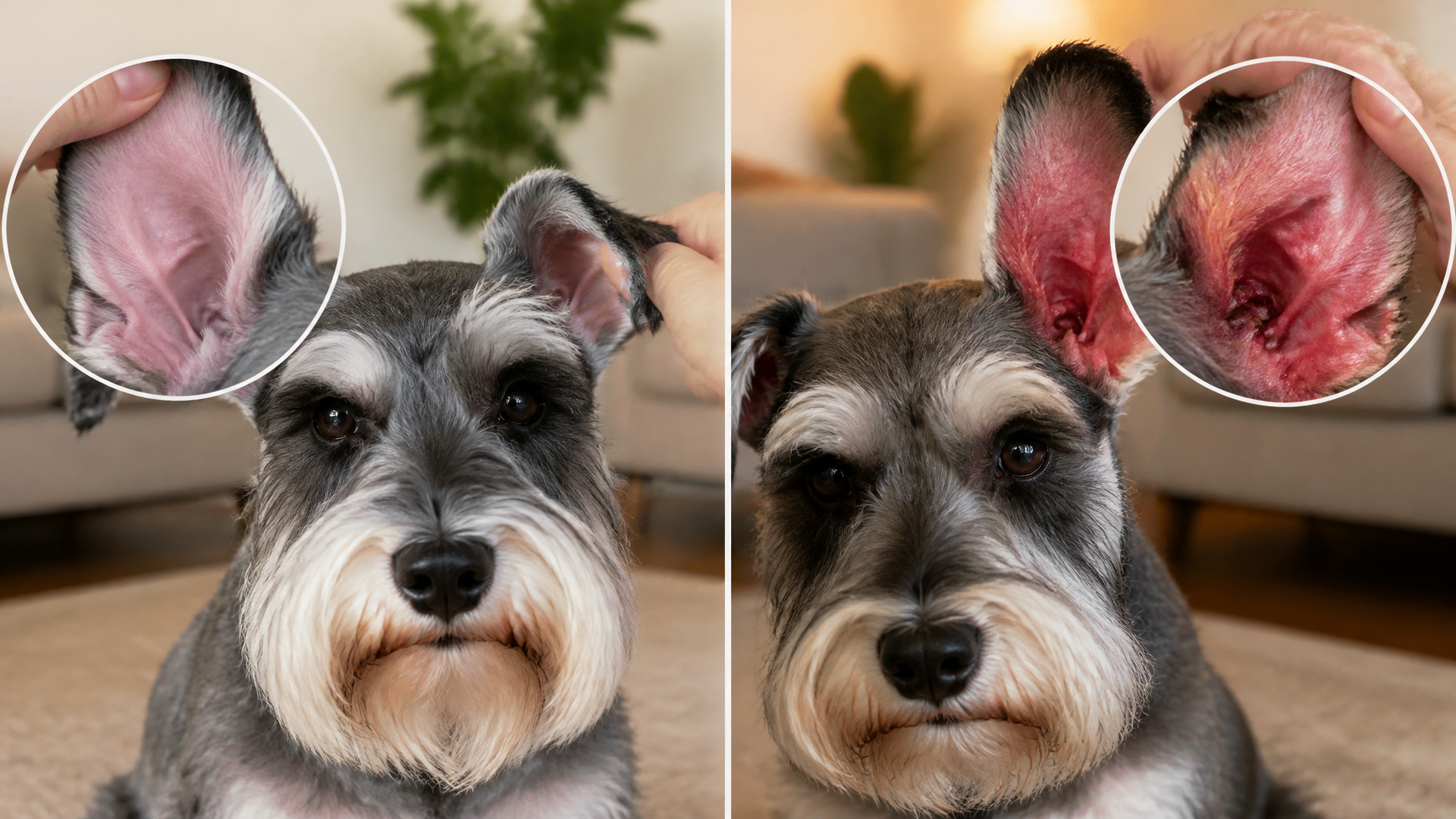 Close-up of a Miniature Schnauzer's ear lifted to show the very pink inner skin, with visible ear canal and fur around the...