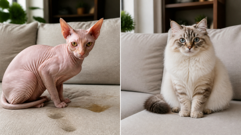 Sphynx cat sitting on a light-colored couch with visible oil stains on the fabric