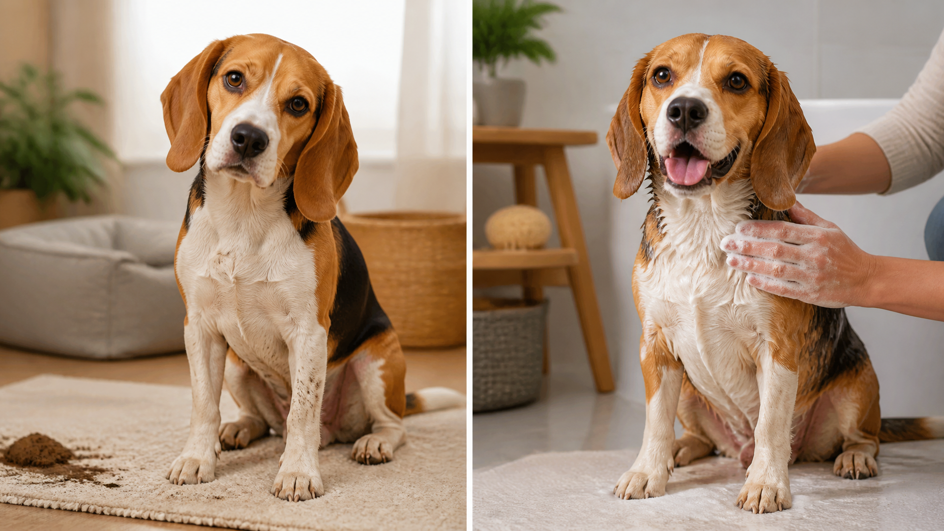 Beagle dog sitting on a towel with a gentle expression, ready for a bath or wipe-down decision