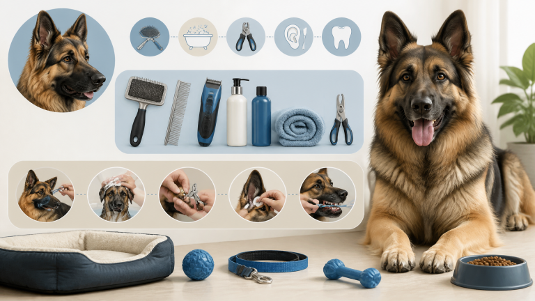 A Shiloh Shepherd dog with thick fur being brushed by a person in a home setting