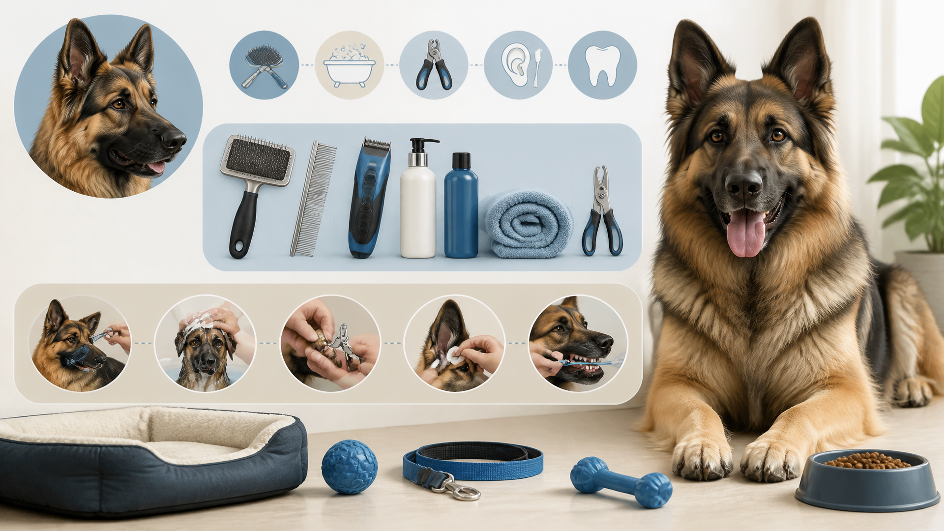 A Shiloh Shepherd dog with thick fur being brushed by a person in a home setting