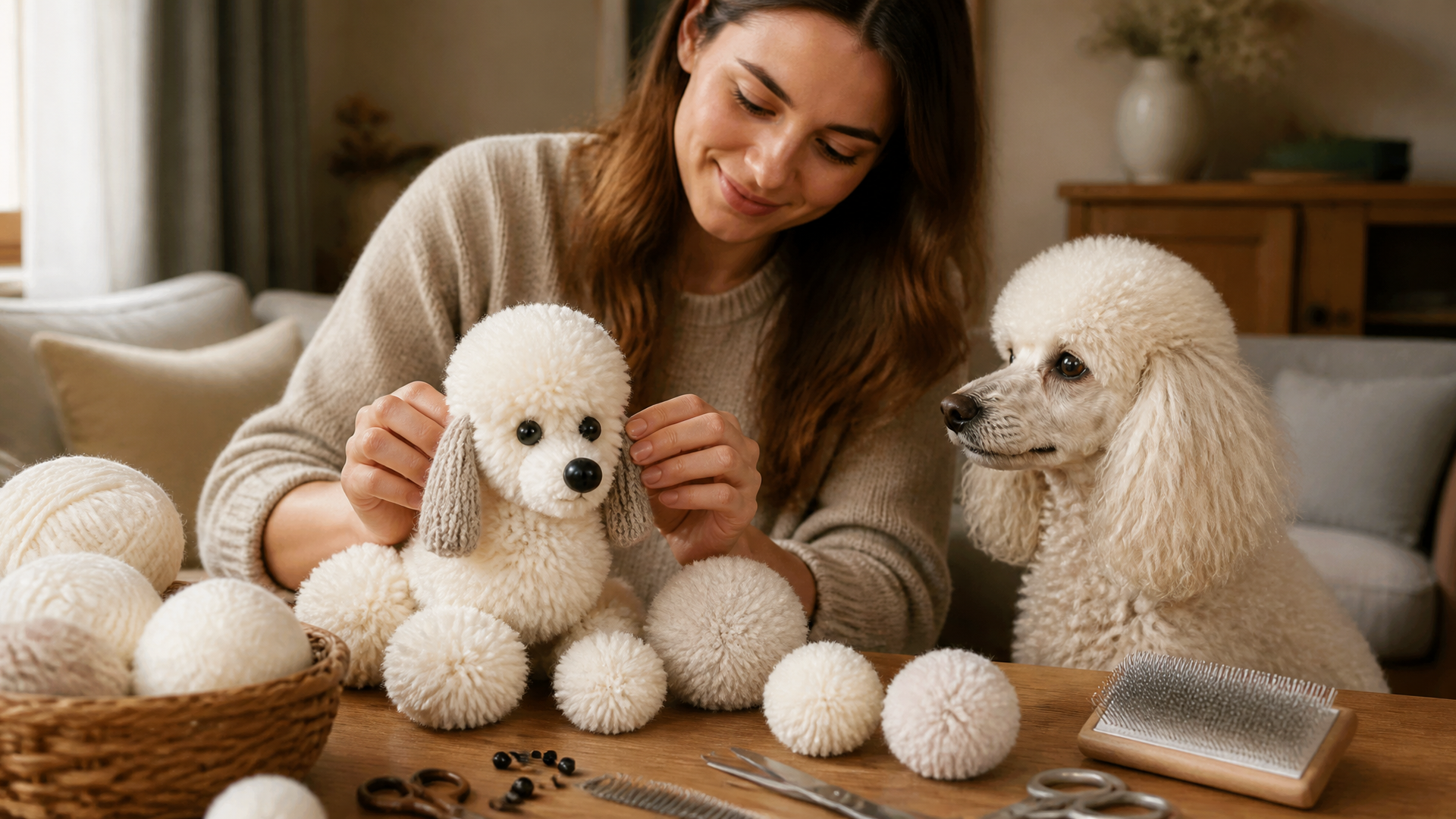 Handmade wool poodle with pom pom body and head, felt ears, and button eyes on a white background