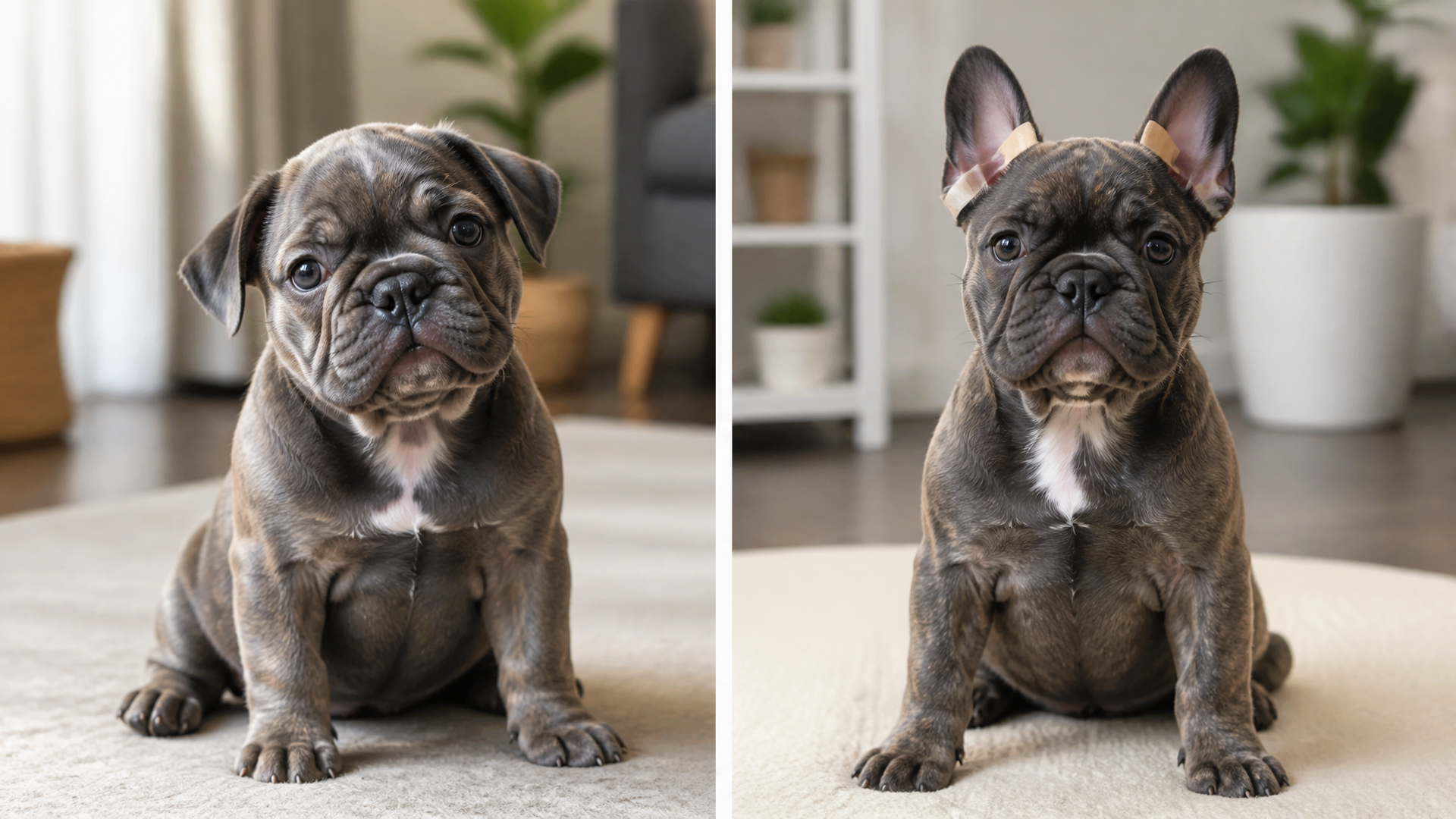 French Bulldog puppy with taped ears standing upright, owner gently adjusting the tape for support