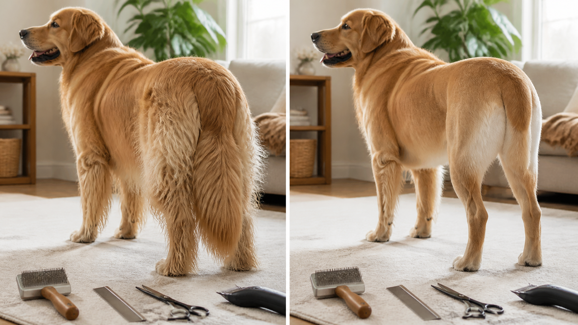 A Golden Tetriever standing calmly while a person gently brushes its rear fur with a slicker brush on a grooming table.