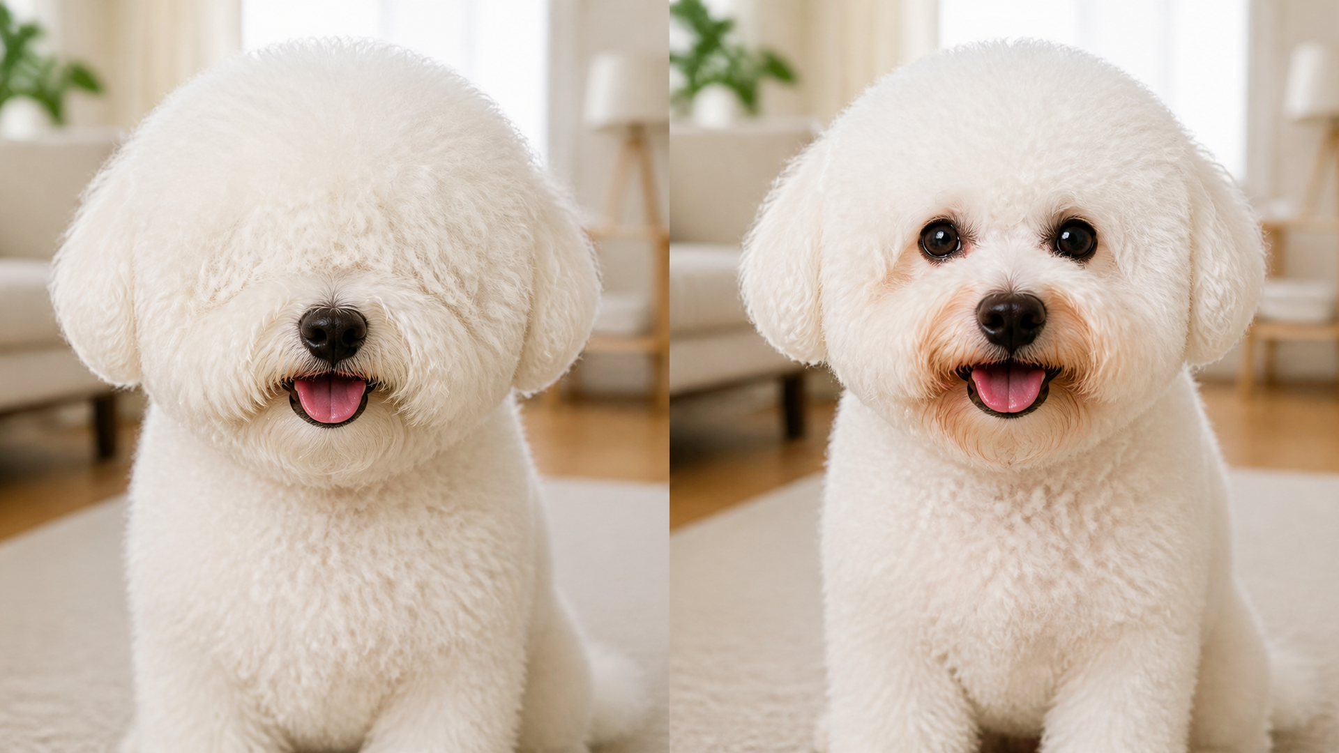Close-up of a white Bichon Frise with long woolly hair partially covering its dark eyes, needing a trim for eye health.