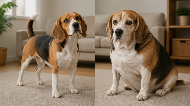 Beagle dog lying on a couch looking lethargic with thinning coat and tired eyes