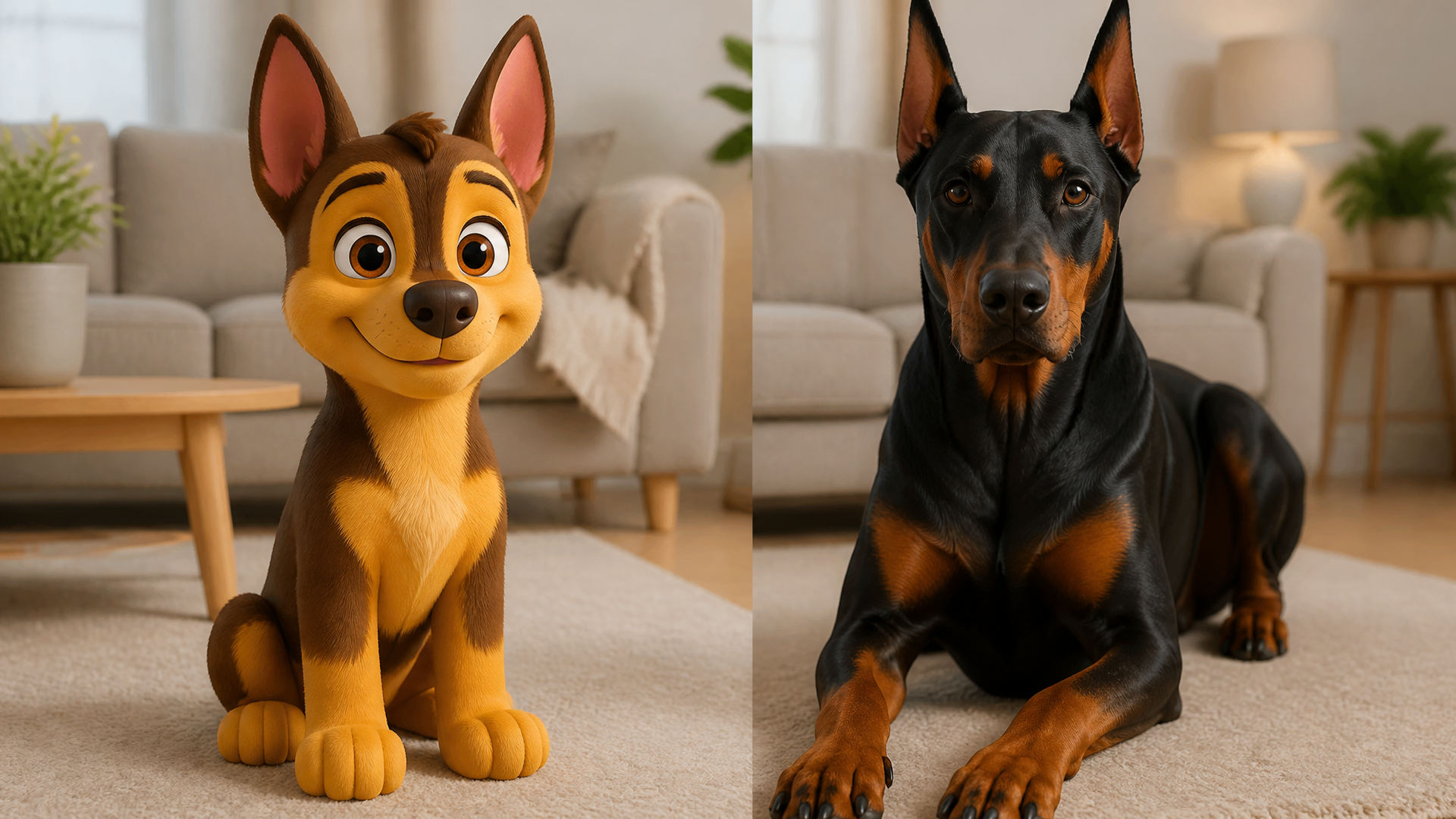 Paw Patrol character Chase standing proudly with tan and white fur, no black patches visible