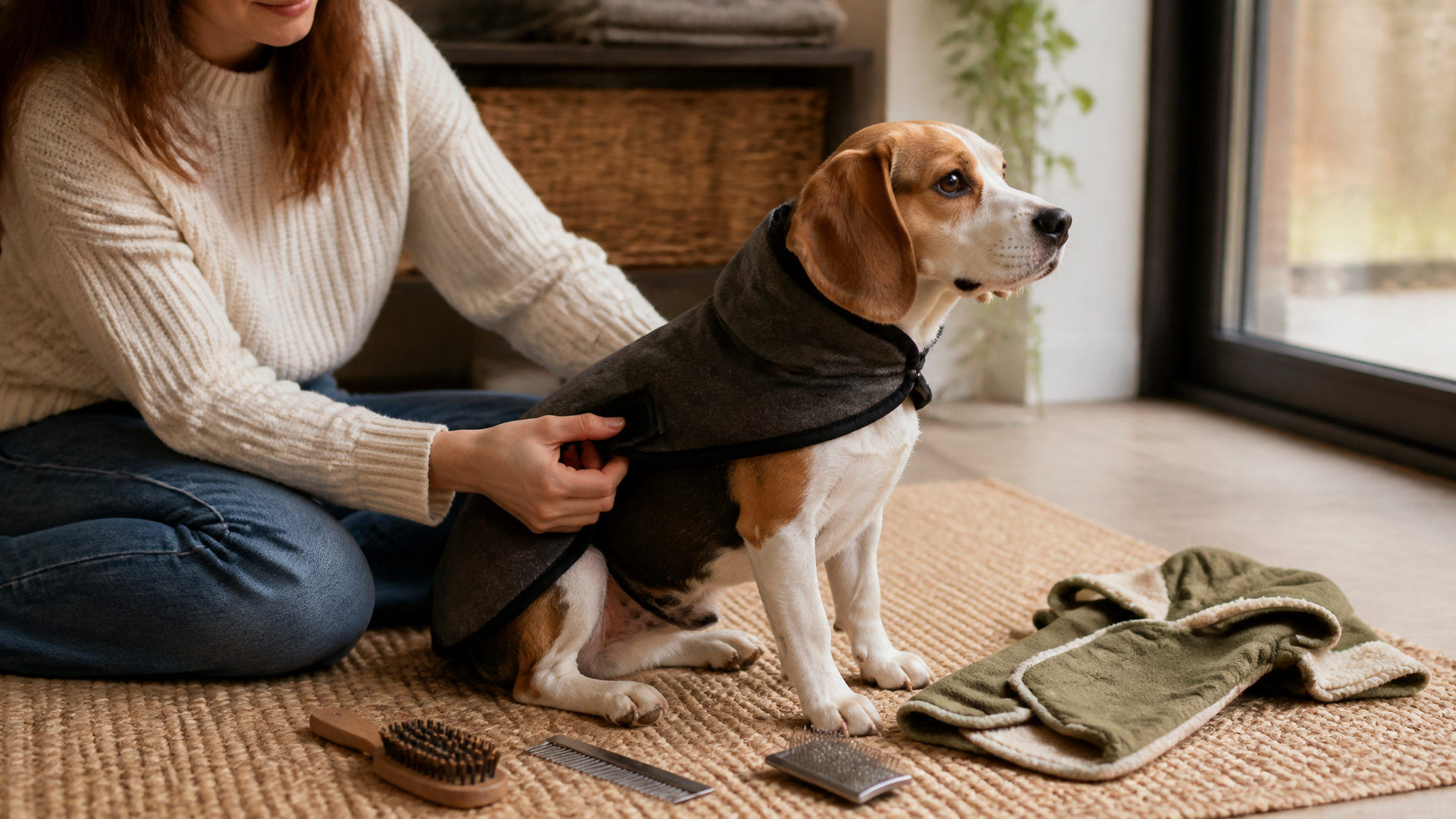 A Beagle dog wearing a warm winter coat outdoors in snowy weather, looking comfortable and protected from the cold.