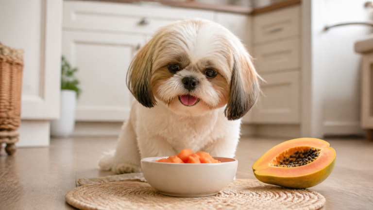 A small Shih Tzu dog sitting on a kitchen counter next to a bowl of fresh papaya slices, looking at the fruit with curiosity.