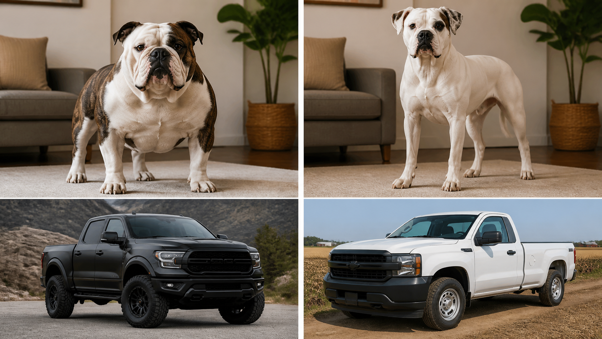 Two American Bulldogs side by side, one with a heavier build and the other more athletic, illustrating the Johnson and Sco...