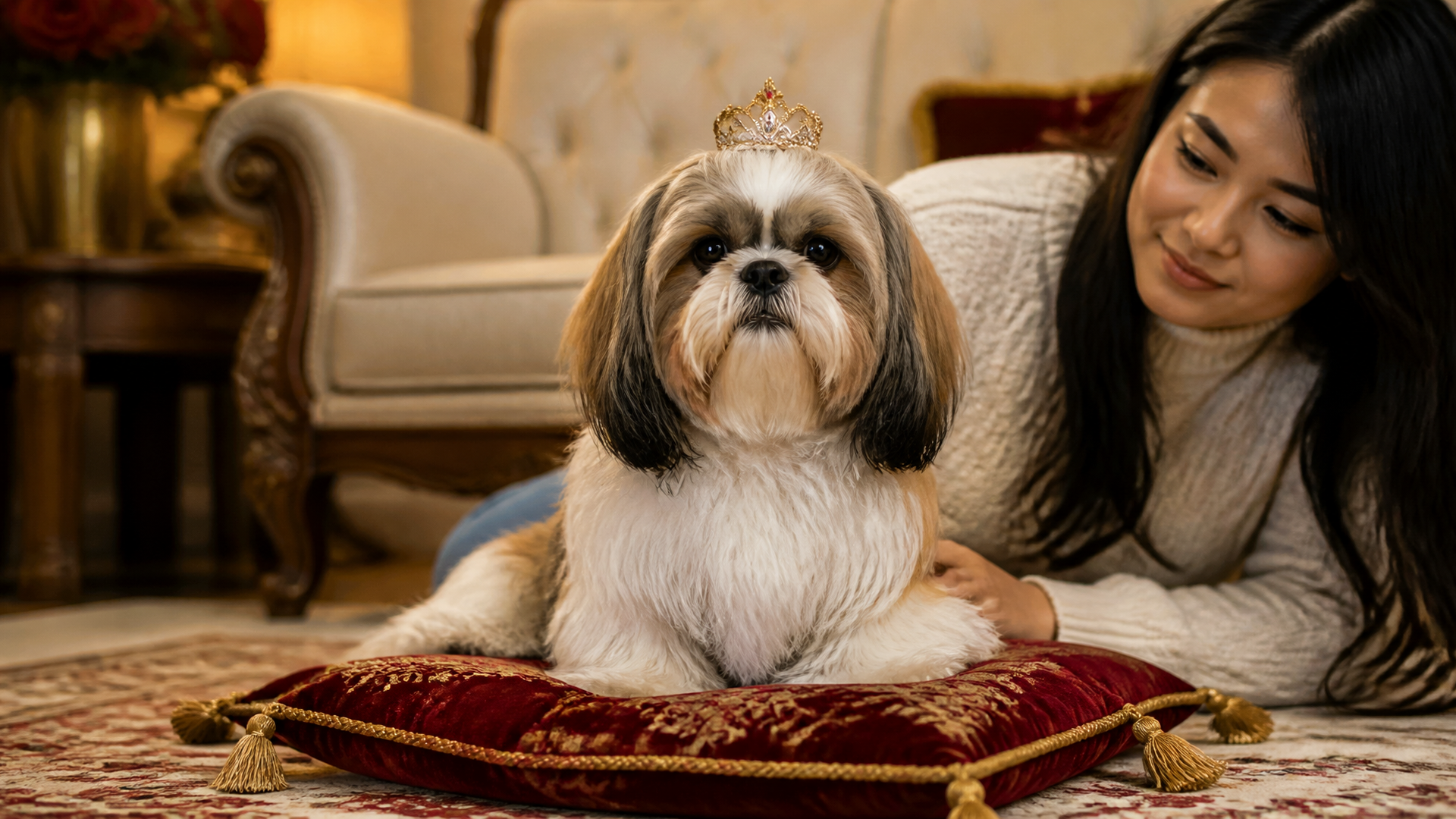 Shih Tzu sitting on a cushion with a regal expression, soft lighting, indoor setting