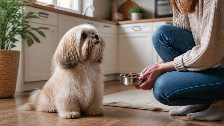 A Lhasa Apso dog sitting on a soft blanket, looking directly at the camera with a calm expression