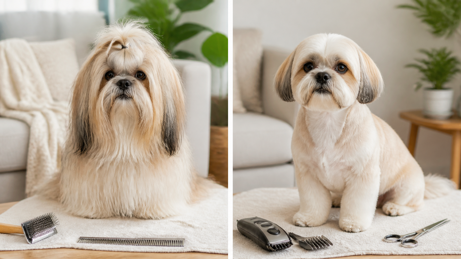 Lhasa Apso dog with a well-groomed long coat sitting on a soft mat, surrounded by grooming tools and a food bowl