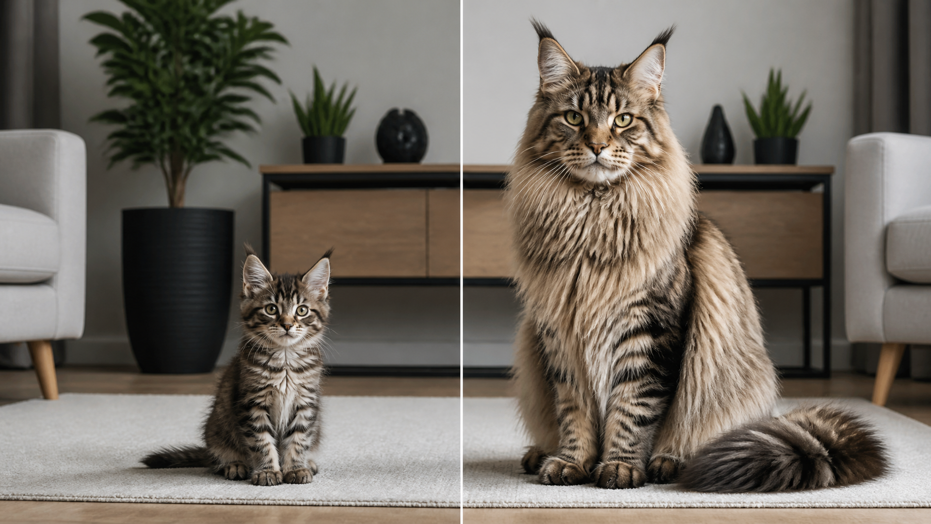 Large Maine Coon cat standing on a wooden floor, showing its full size and fluffy coat