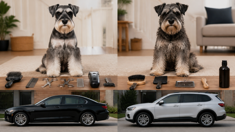 Miniature Schnauzer with a fresh haircut sitting on a grooming table, surrounded by brushes and clippers