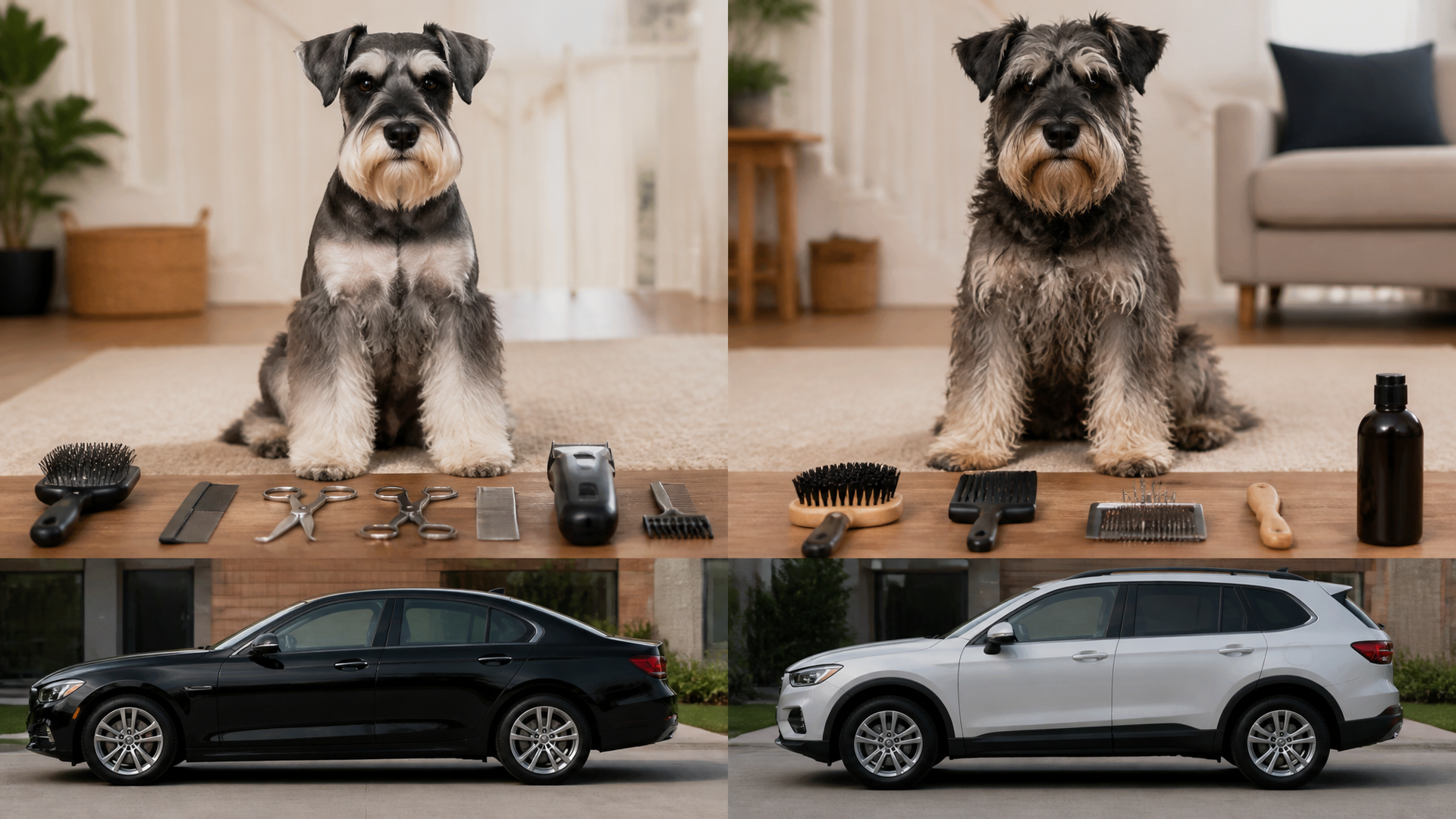 Miniature Schnauzer with a fresh haircut sitting on a grooming table, surrounded by brushes and clippers