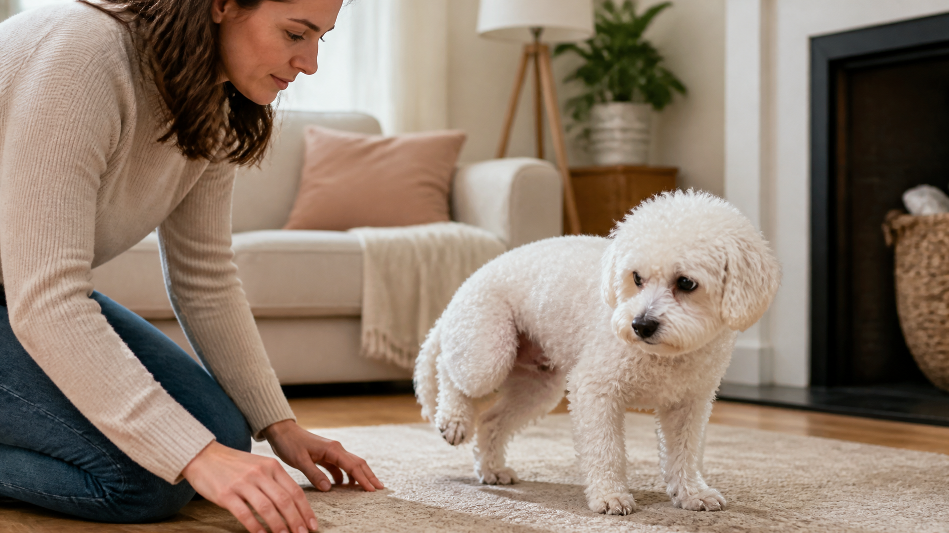 A white Bichon Frise dog holding up one back paw while standing on a grassy lawn, looking at the camera with a concerned e...