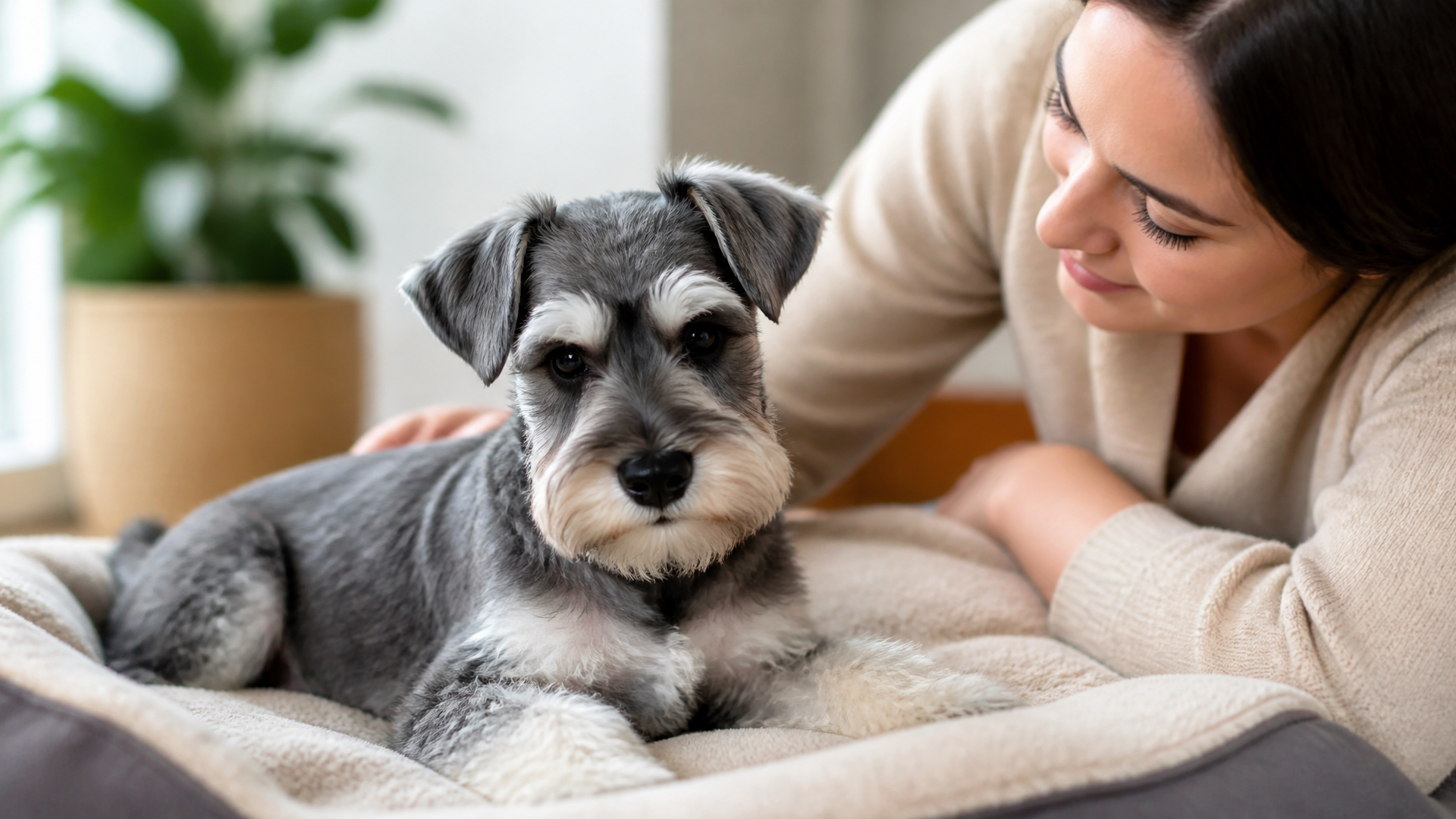 A Miniature Schnauzer puppy wearing a recovery cone after spay surgery, resting on a soft blanket