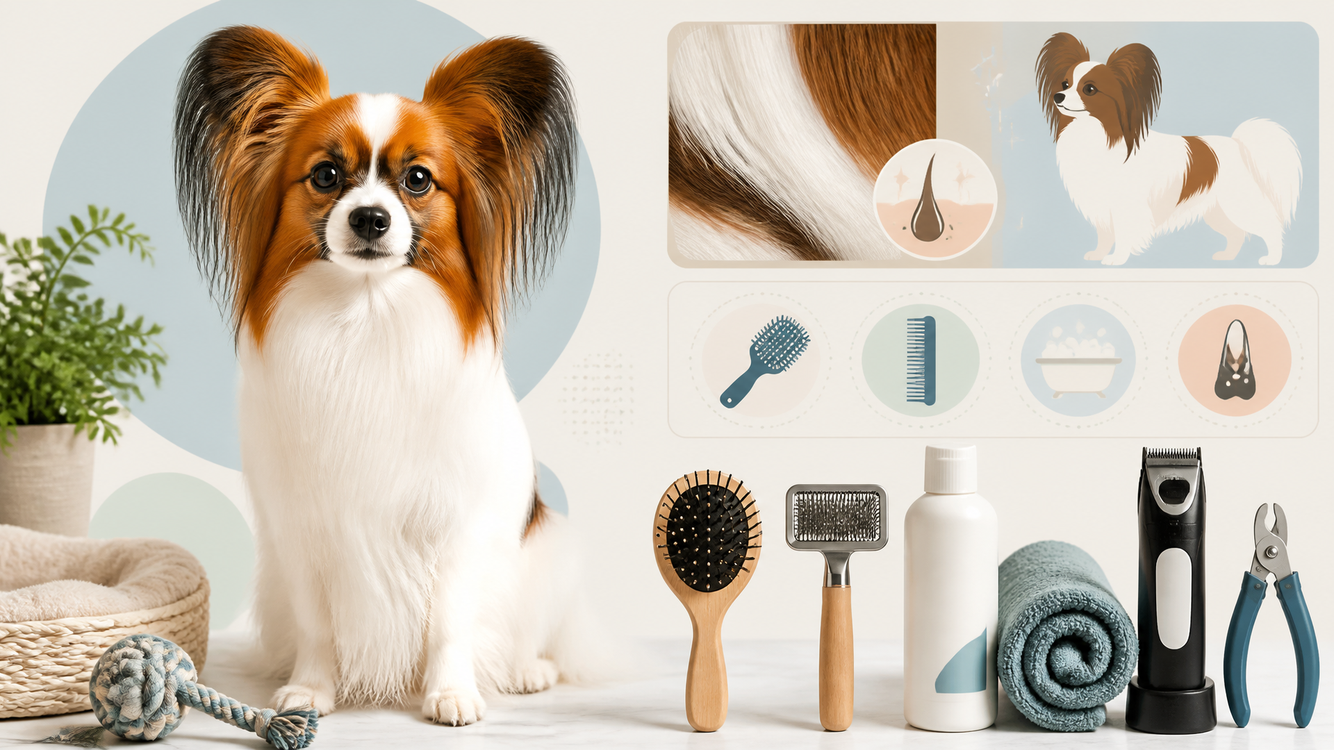 A Papillon dog with a silky coat being brushed on a grooming table, surrounded by grooming tools like a comb and slicker b...