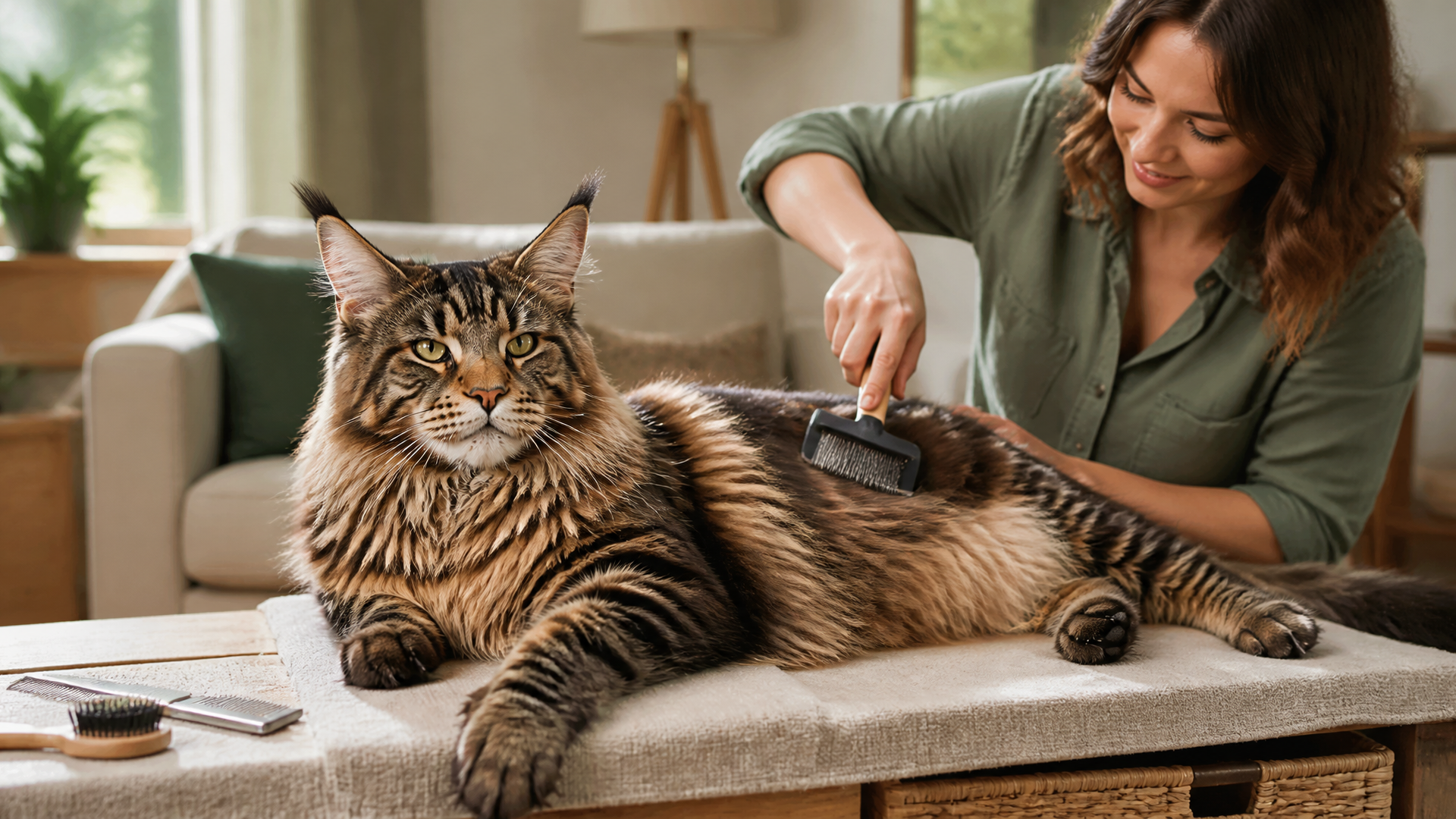 Large Maine Coon cat with thick fur, tufted ears, and bushy tail sitting on a wooden floor