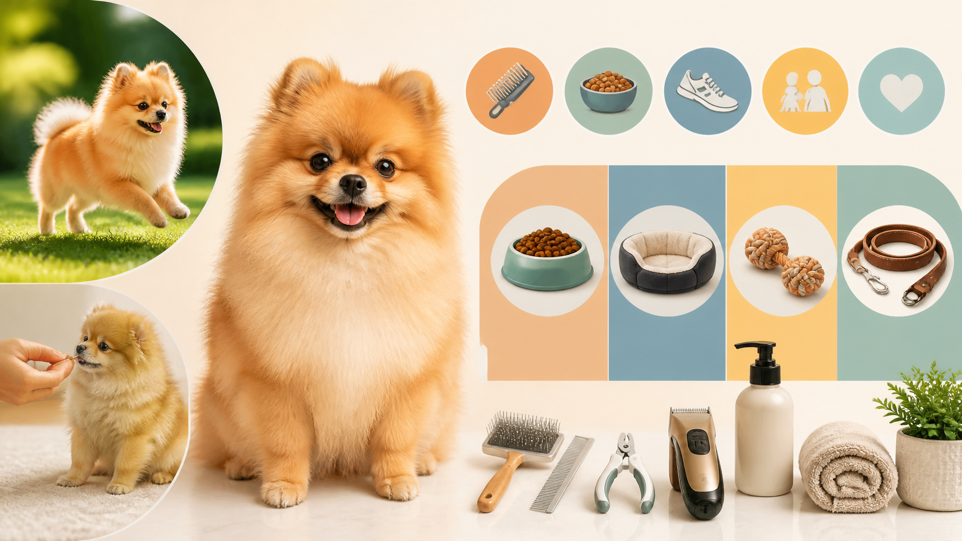 A fluffy orange Pomeranian sitting on a soft blanket, looking at the camera with a happy expression