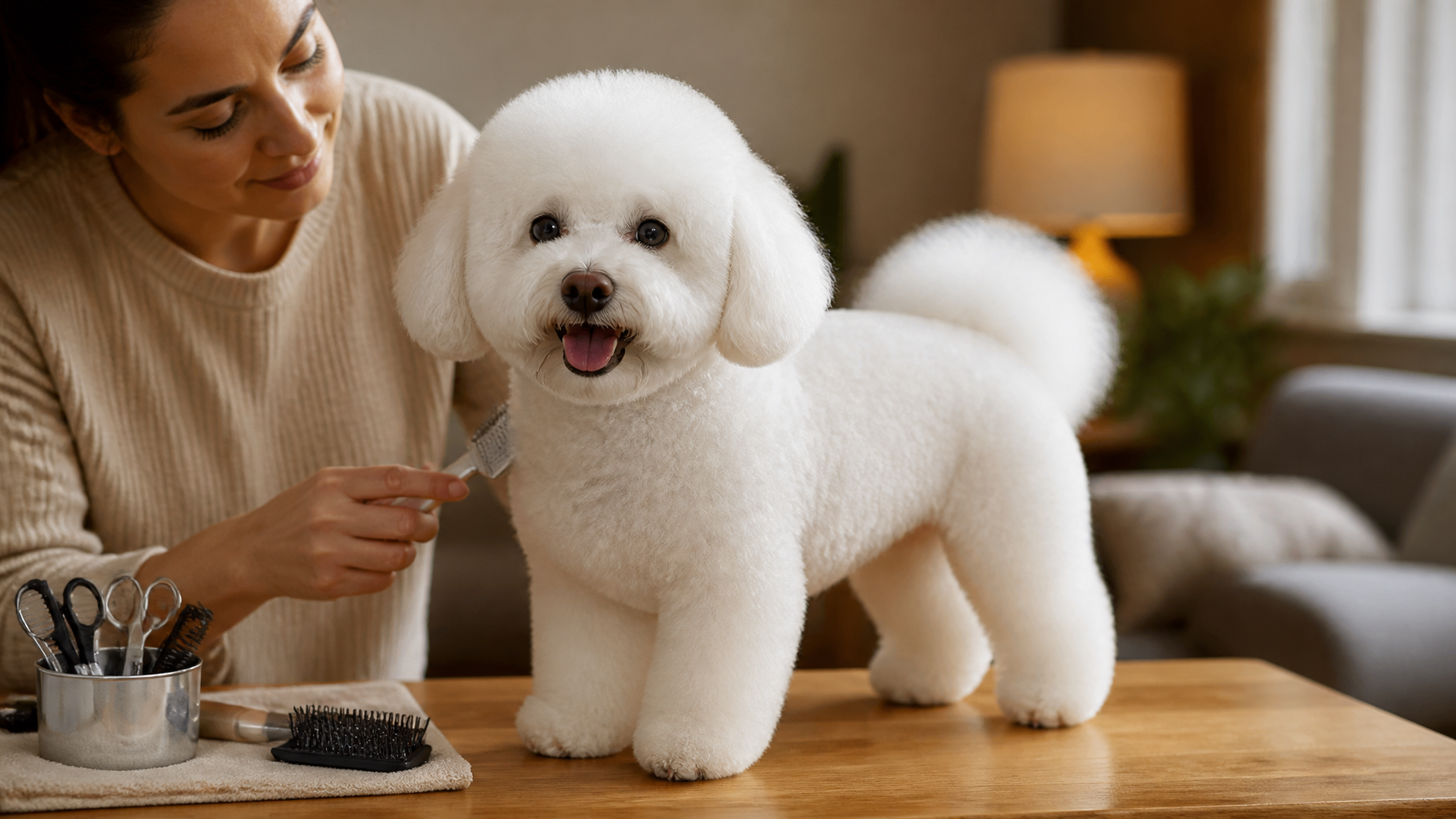 White Bichon Frise with rounded fluffy puppy cut trim sitting on a grooming table