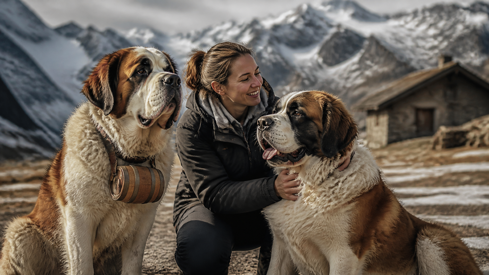 Three St. Bernard dogs in snowy alpine setting, one wearing a rescue barrel collar