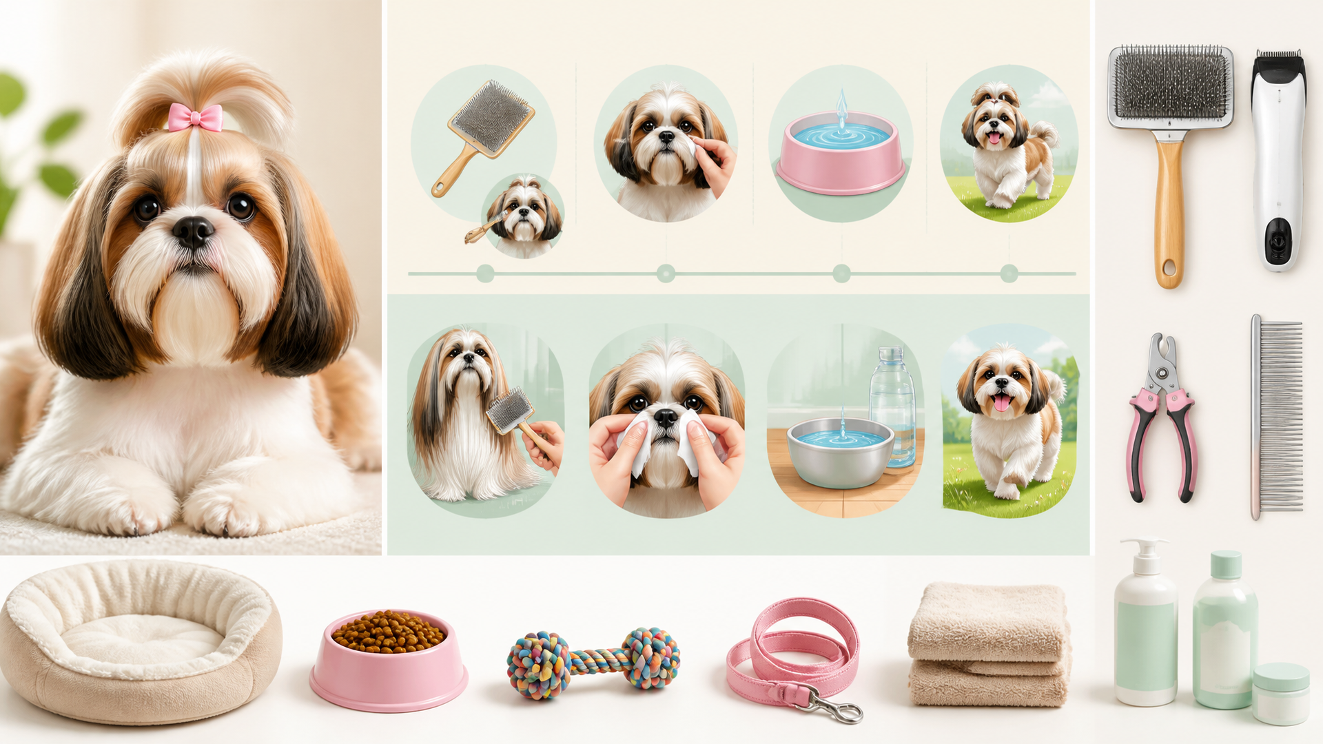 Happy Shih Tzu dog with a well-groomed coat sitting on a soft blanket, looking at the camera