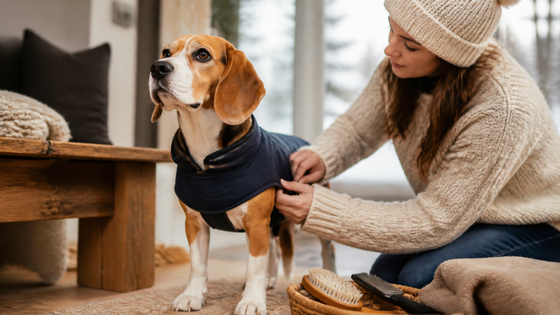 A Beagle wearing a warm winter coat outdoors in snowy weather, looking comfortable and protected from the cold.