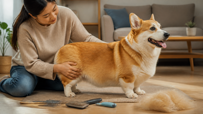 Overweight Corgi standing on a scale, looking up with concerned expression, fluffy coat and short legs visible