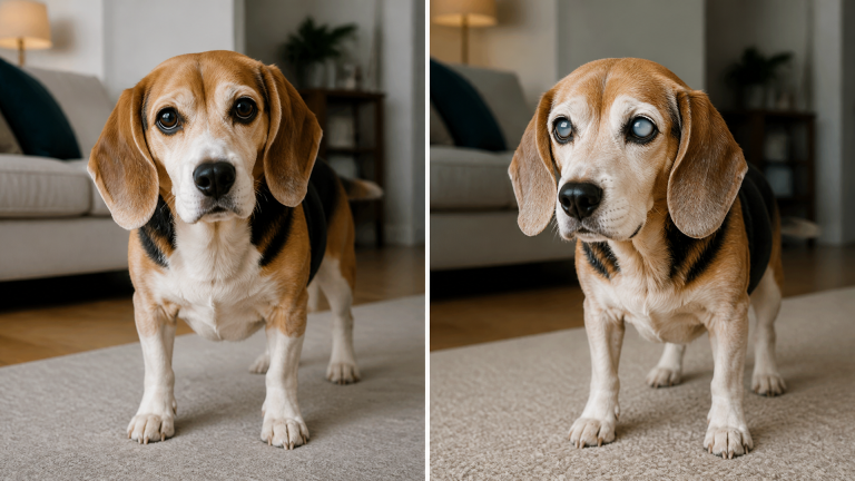 Senior beagle with cloudy eyes sitting on a rug, looking off to the side
