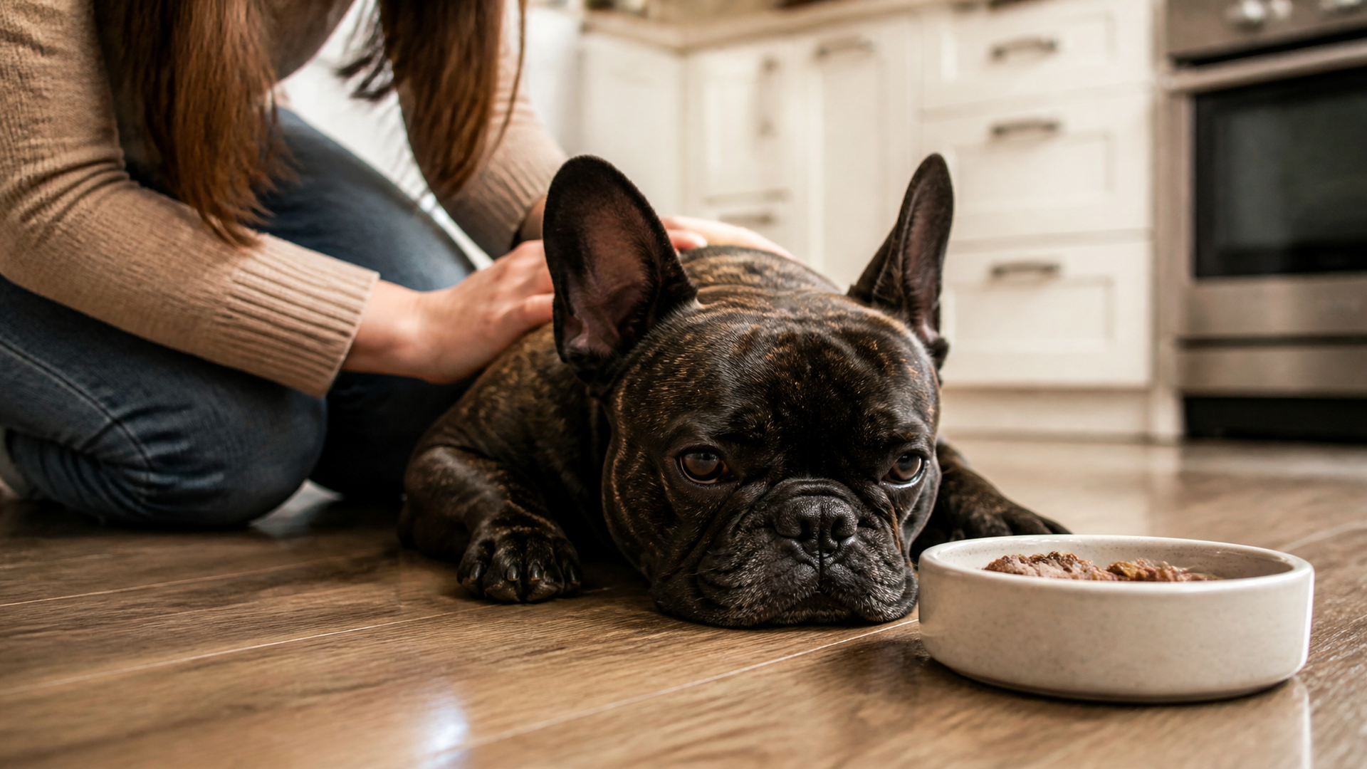 A lethargic French Bulldog lying on a soft bed, looking tired and uninterested in food nearby