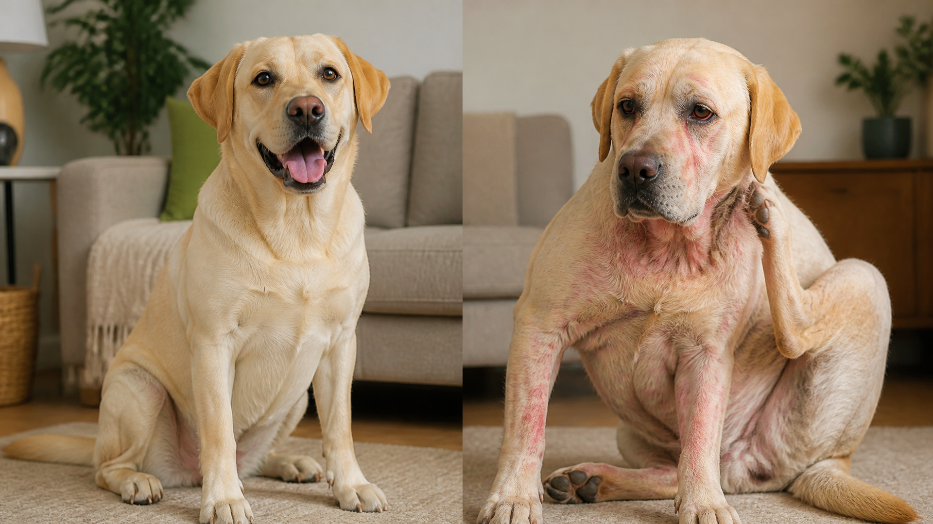 A Labrador retriever scratching its ear while sitting on a grassy lawn, showing signs of skin irritation.