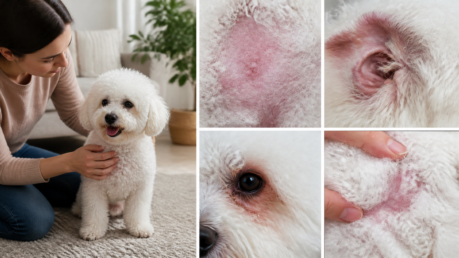 Close-up of a Bichon Frise with red, inflamed skin patches on its belly and paws, showing signs of allergy or infection.