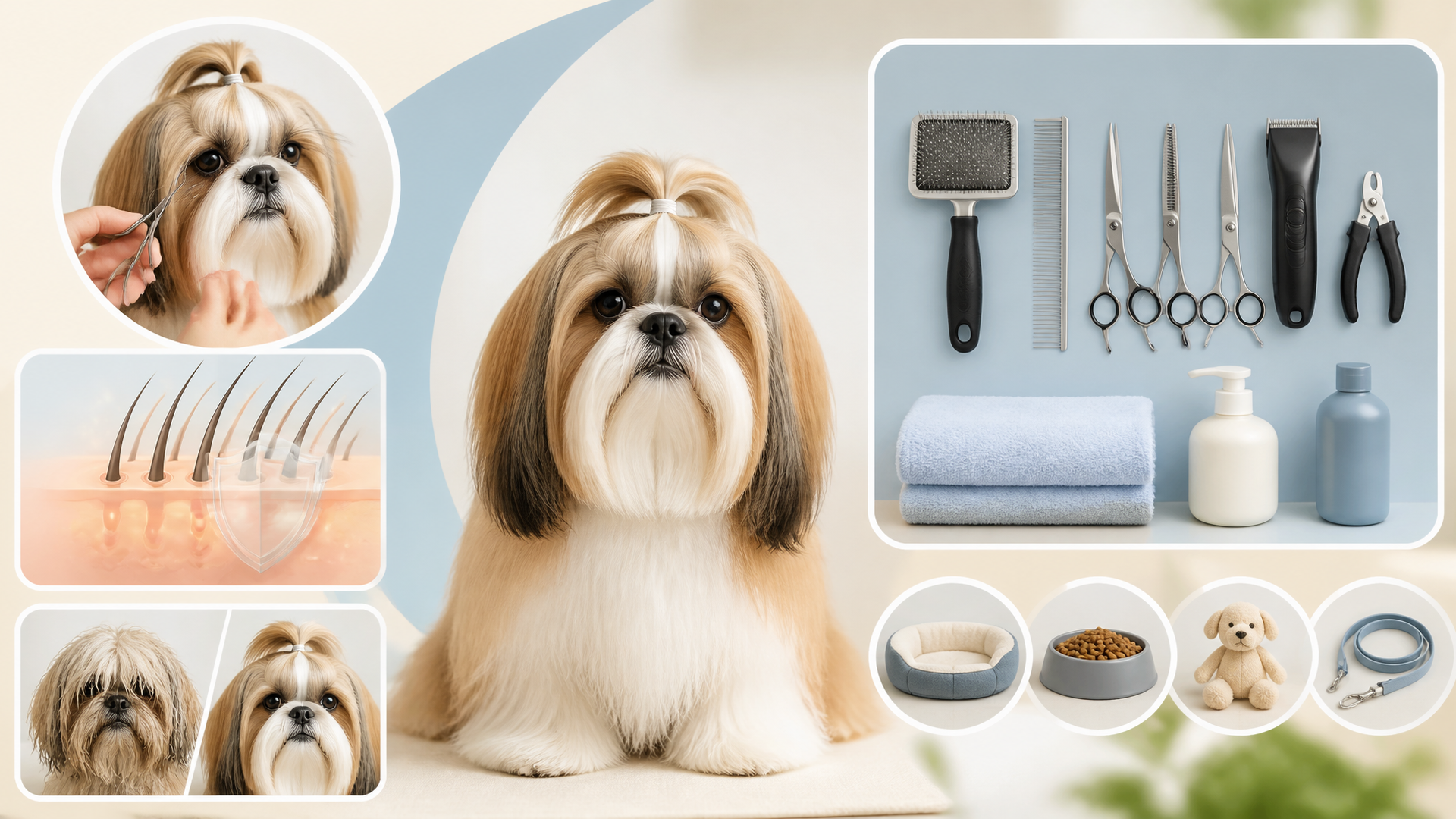 A Shih Tzu with a soft, scissor-trimmed coat sitting calmly on a grooming table