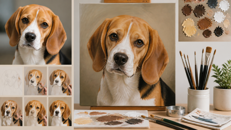 A close-up of a realistic oil painting of a beagle dog with floppy ears and a white blaze on its forehead, shown on an eas...