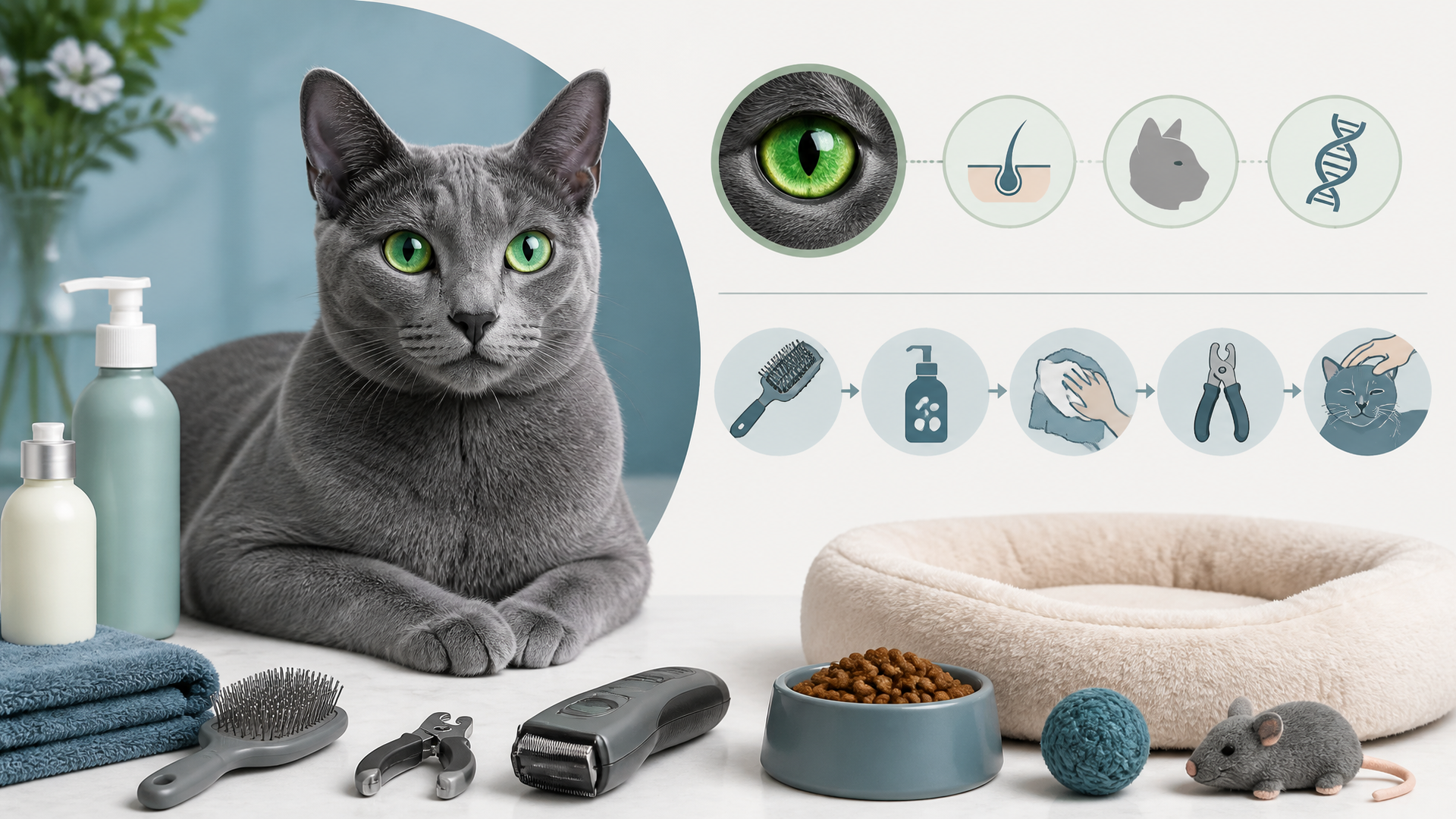 A Blue Russian cat with striking green eyes and a silver-blue coat, looking directly at the camera.