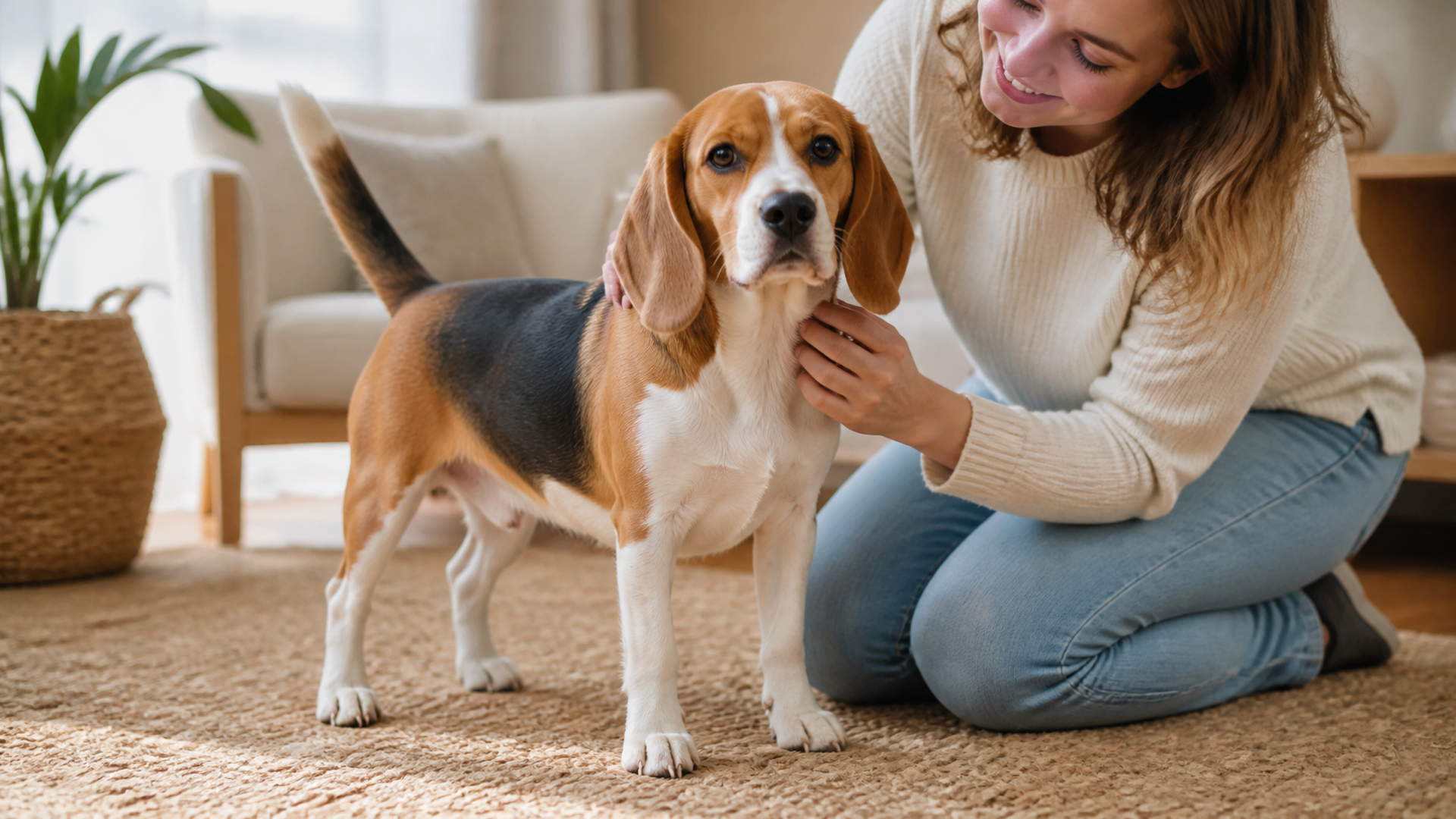 A female adult Beagle standing on grass, side view showing shoulder height against a measuring chart