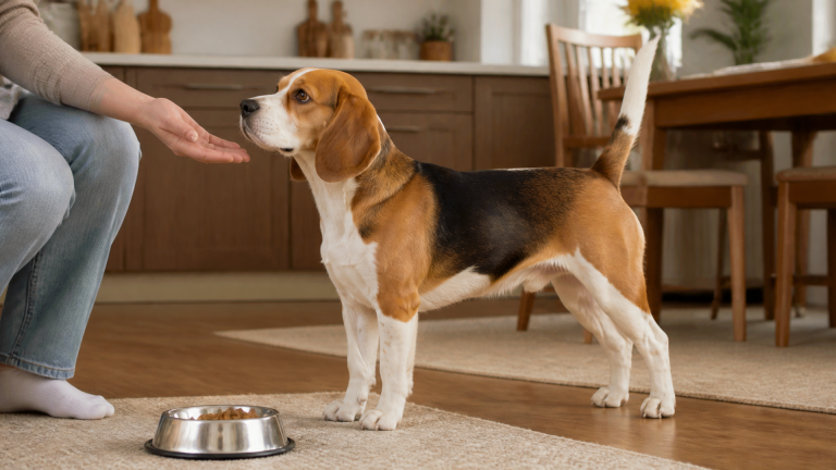 A beagle standing sideways against a white background, showing its full body proportions from nose to tail.