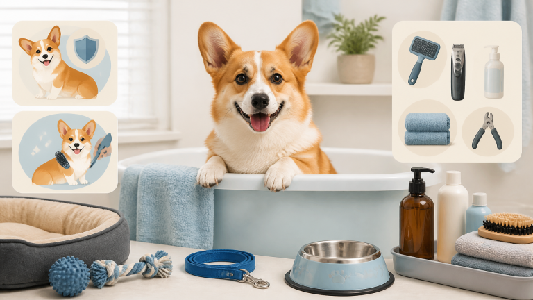 A happy Corgi sitting in a bathtub with wet fur and suds, looking at the camera while a person gently scrubs its back.