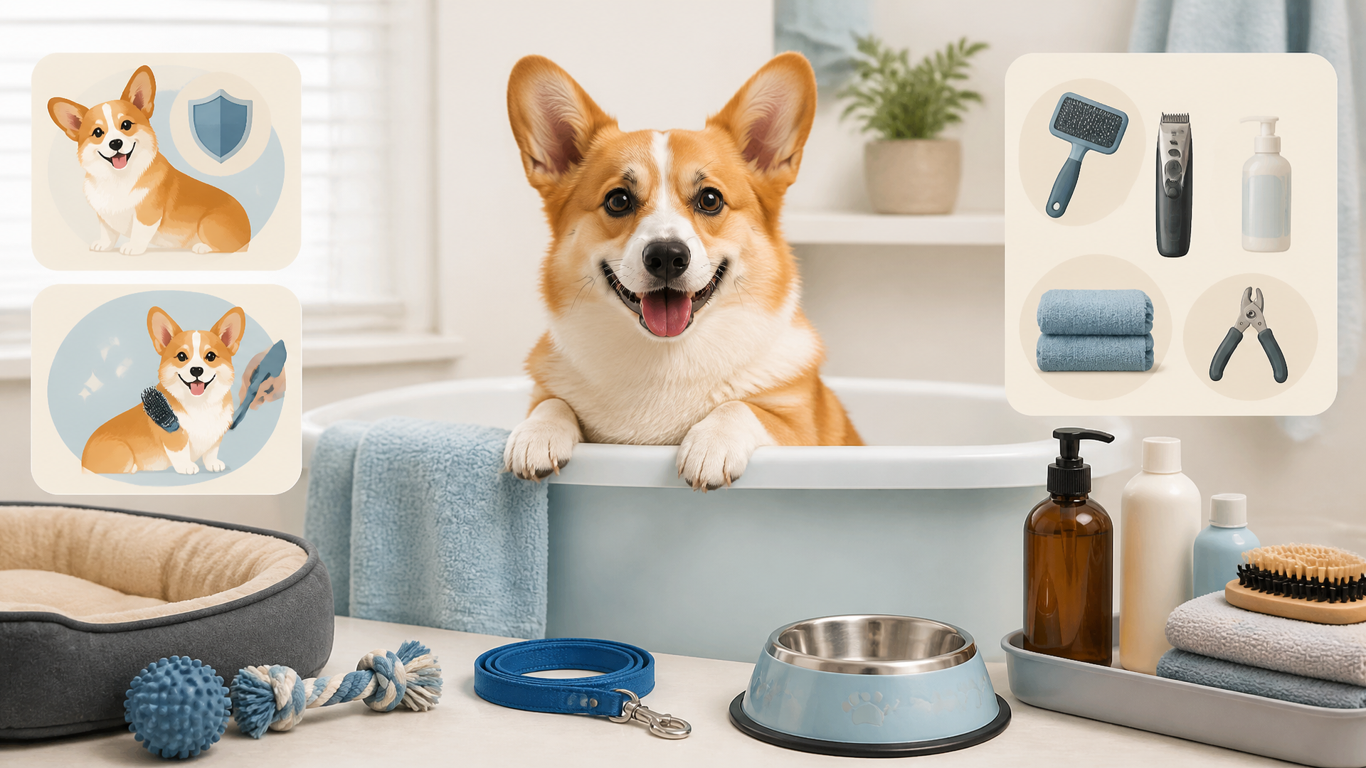 A happy Corgi sitting in a bathtub with wet fur and suds, looking at the camera while a person gently scrubs its back.