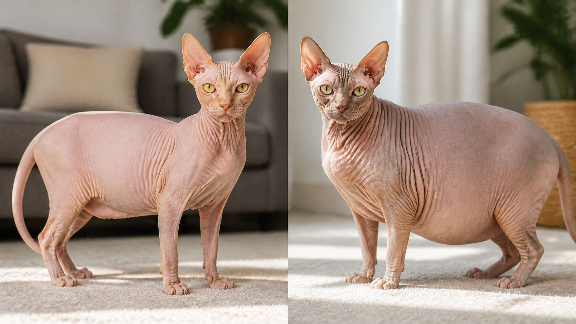 Overweight Sphynx cat sitting on a scale, showing round belly and wrinkled skin