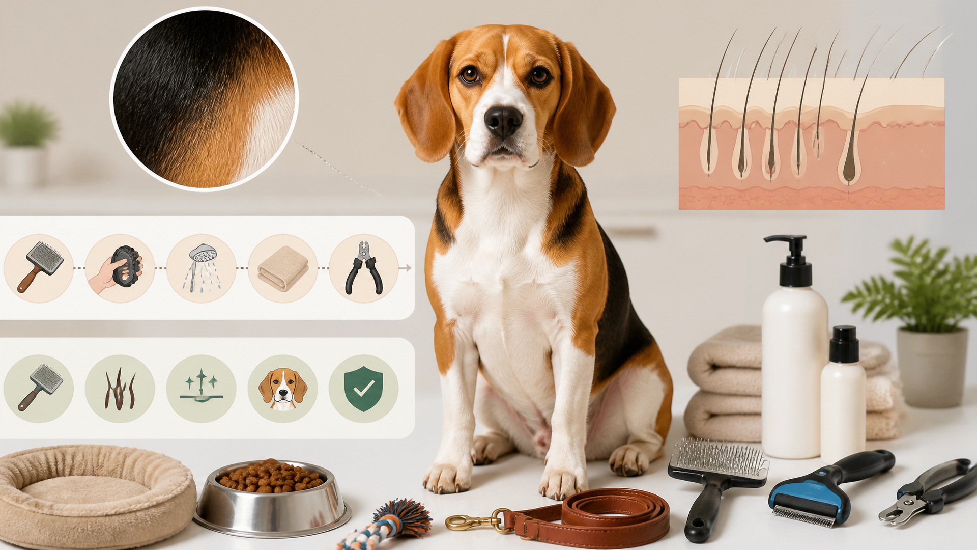 Close-up of a tricolor Beagle with a short, dense double coat being brushed outdoors